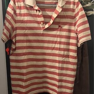 Burberry Red and White Striped Mens Polo